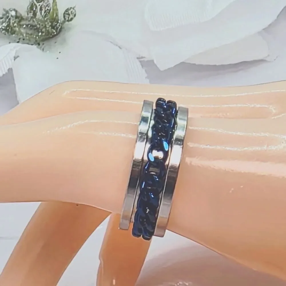 SPINNER  Titanium Polished Silver Ring - Blue Chain